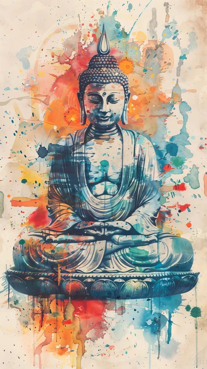 Watercolor painting of Lord Buddha sitting cross-legged in deep meditation on a lotus base with colorful splashes. | PrintPosters.in